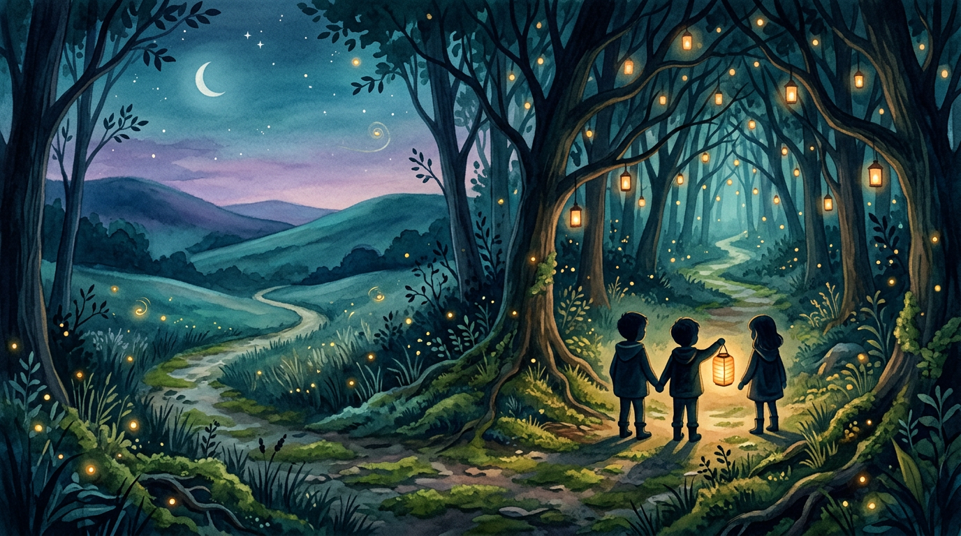 Three small children with a glowing lantern at the edge of an enchanted twilight forest